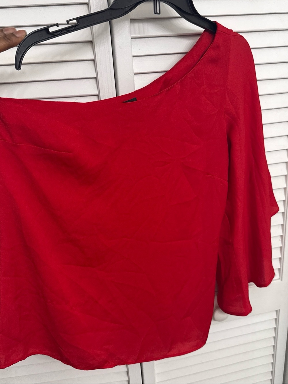 One-Shoulder Red Flutter Sleeve Blouse